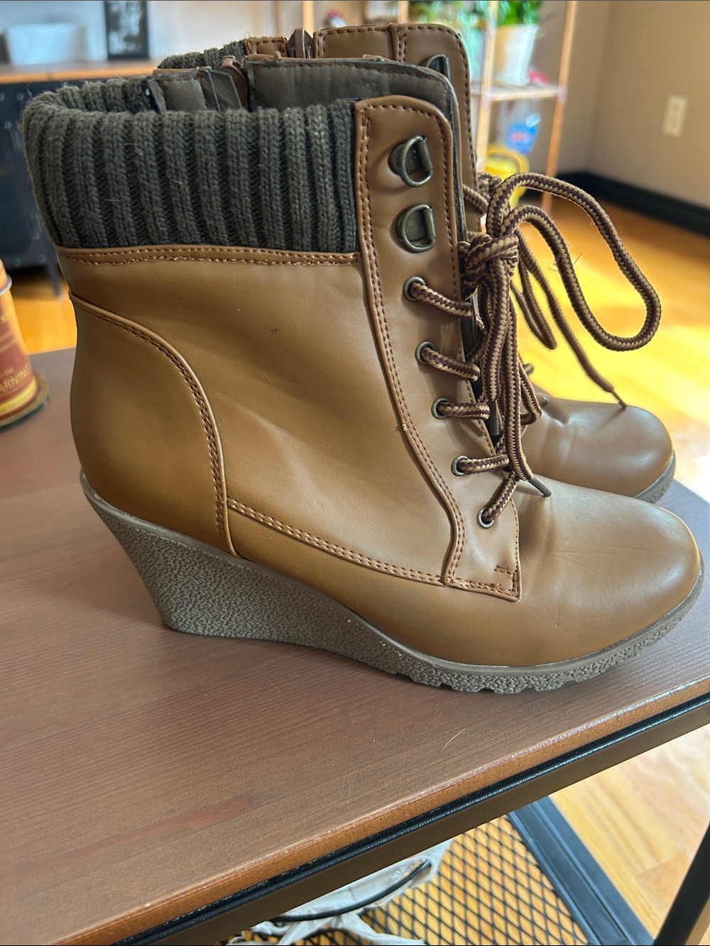 Lace-Up Wedge Ankle Boots in Tan with Knit Cuff